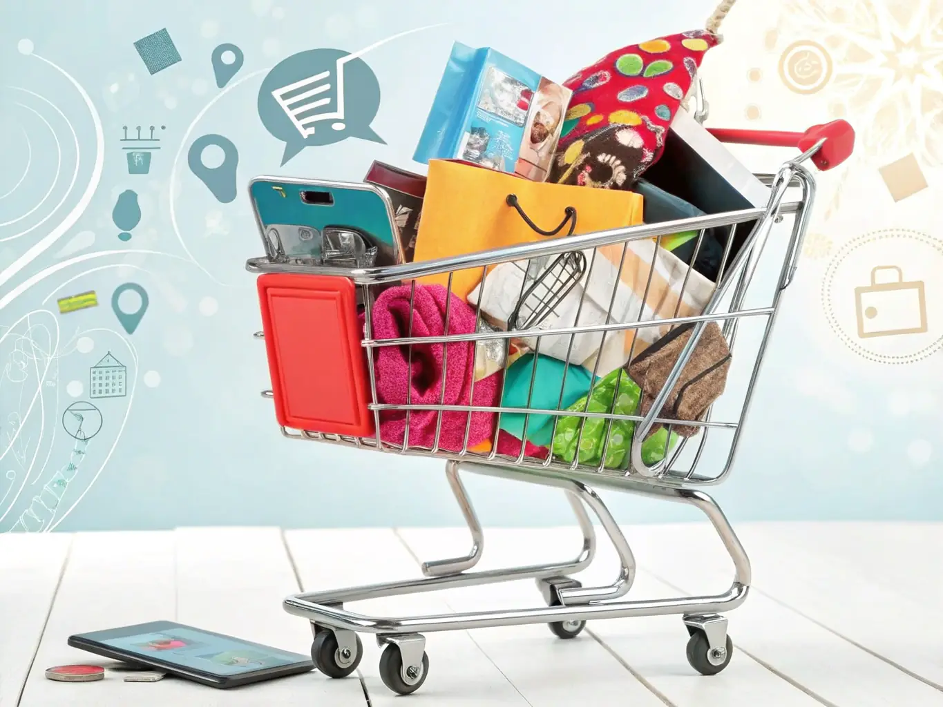 An image of an online store interface displayed on a tablet, with shopping cart and product images, representing SwiftWeb's e-commerce site development service.